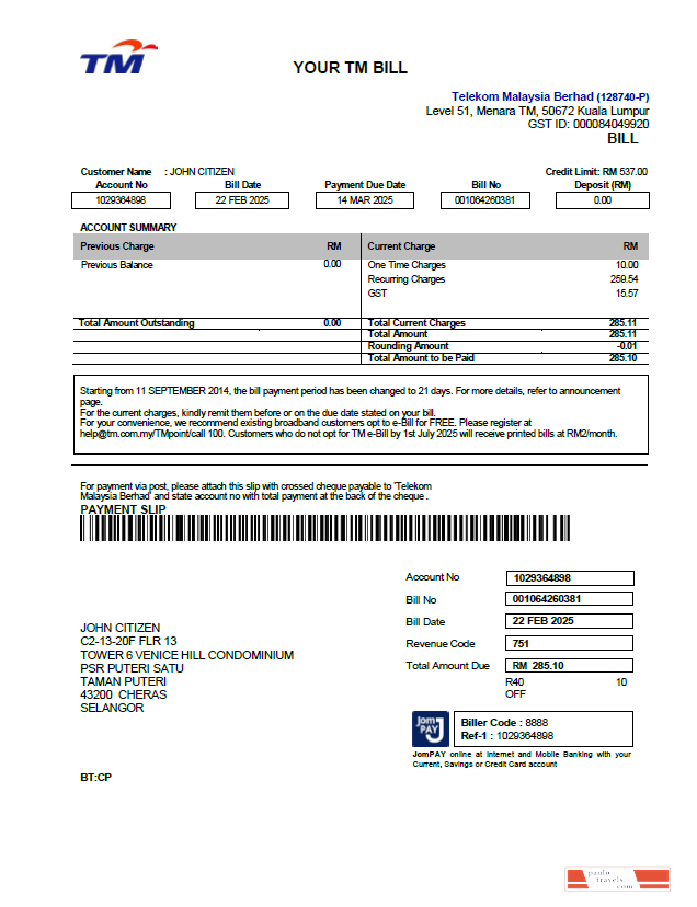 Malaysia Telekom utility bill template in Word and PDF formats